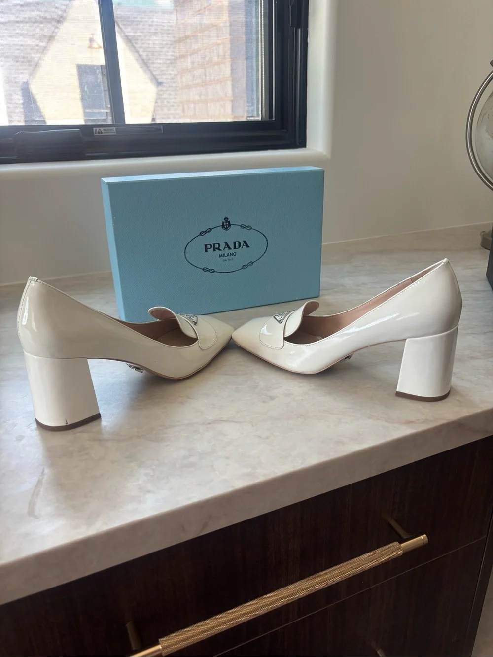 Prada Cream Patent Leather Mid Heel Loafers